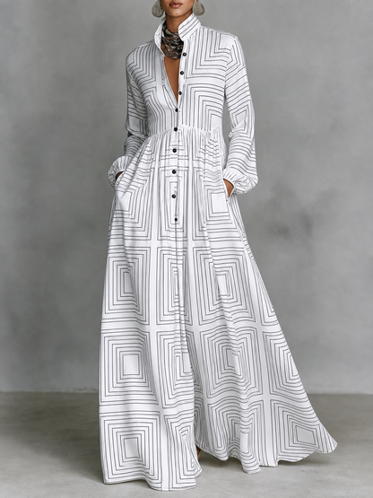 Striped Split-Joint Pockets Pleated Contrast Color Buttoned Plus Size Loose Stand Collar Maxi Dresses