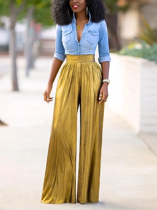 Loose Wide Leg Shiny Solid Color Casual Pants Bottoms Trousers