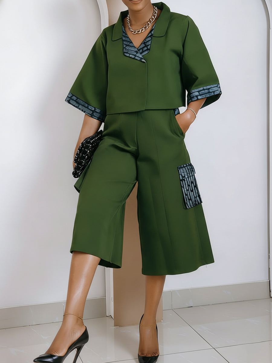 Loose Short Sleeves Buttoned Contrast Color Split-Joint Lapel Blouses&Shirts Tops