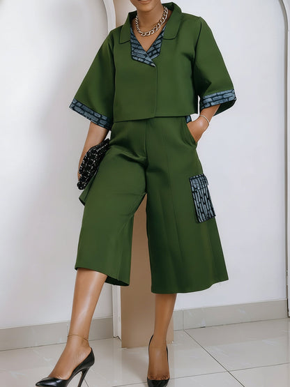 Loose Short Sleeves Buttoned Contrast Color Split-Joint Lapel Blouses&Shirts Tops