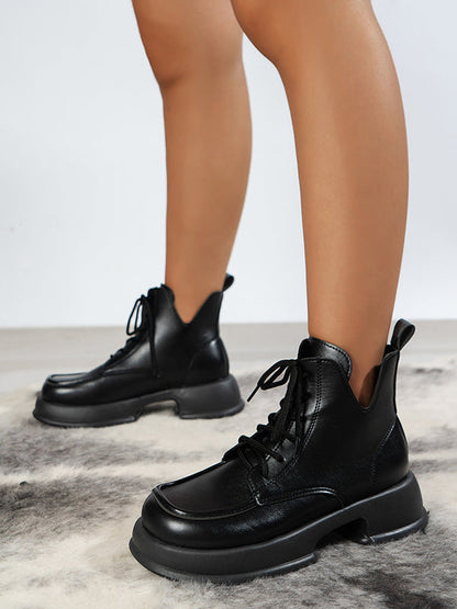 Lace-Up Round-Toe Solid Color Split-Joint Boots
