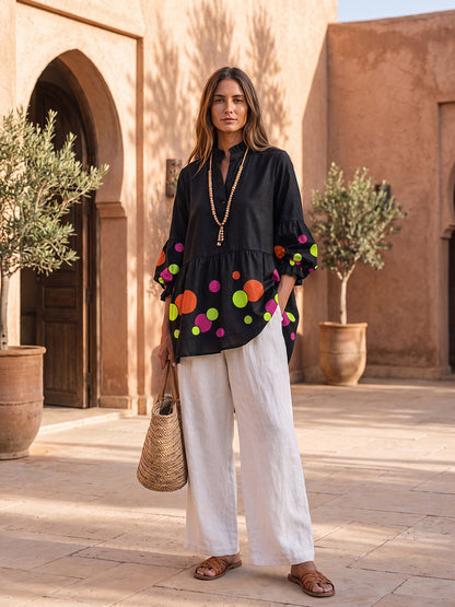 Split-Joint Ruffle Trim Polka-Dot Contrast Color Buttoned Three-quarter Sleeves Puff Sleeves Mock Neck Blouses&shirts Tops
