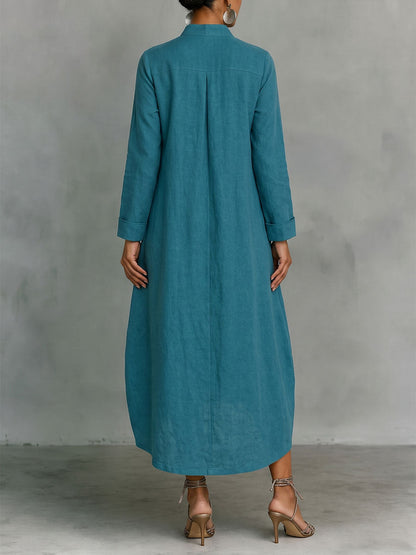 Solid Color Pockets Loose Long Sleeves V-neck Midi Dresses