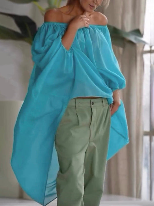 High-Low Loose Elasticity Pleated See-Through Solid Color Off-The-Shoulder Blouses&Shirts Tops
