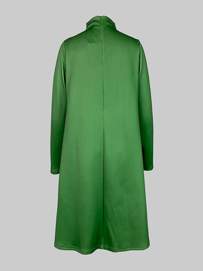 A-Line Long Sleeves Flower Print Split-Joint High Neck Midi Dresses