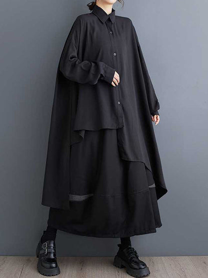 High-Low Long Sleeves Asymmetric Buttoned Solid Color Split-Joint Lapel Blouses&Shirts Tops