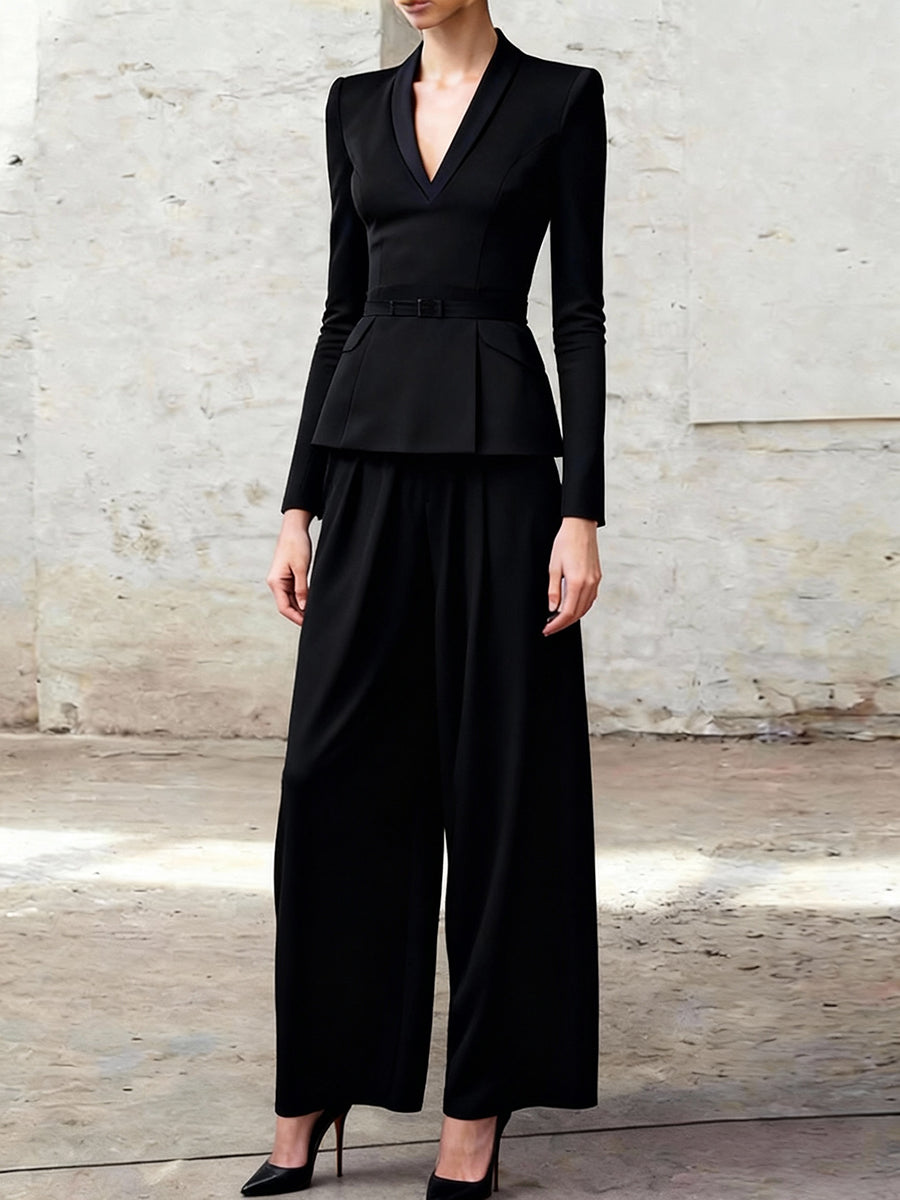 Elasticated Waist High Waisted Belted Ruffled Solid Color V-Neck Blazer Blouses&Shirts Tops