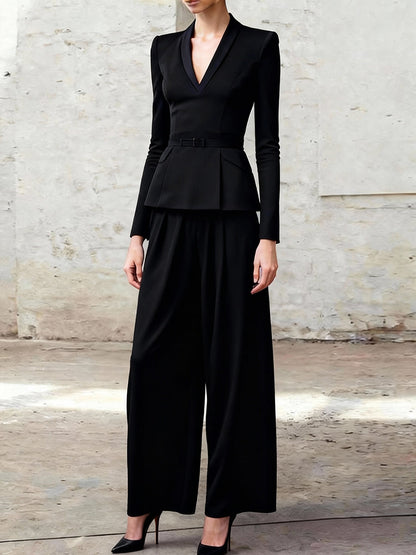 Elasticated Waist High Waisted Belted Ruffled Solid Color V-Neck Blazer Blouses&Shirts Tops