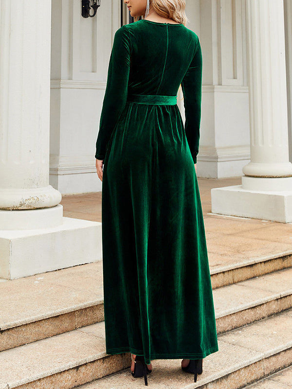 Long Sleeves Wrap Belted Pleated Solid Color Zipper Round-Neck Maxi Dresses