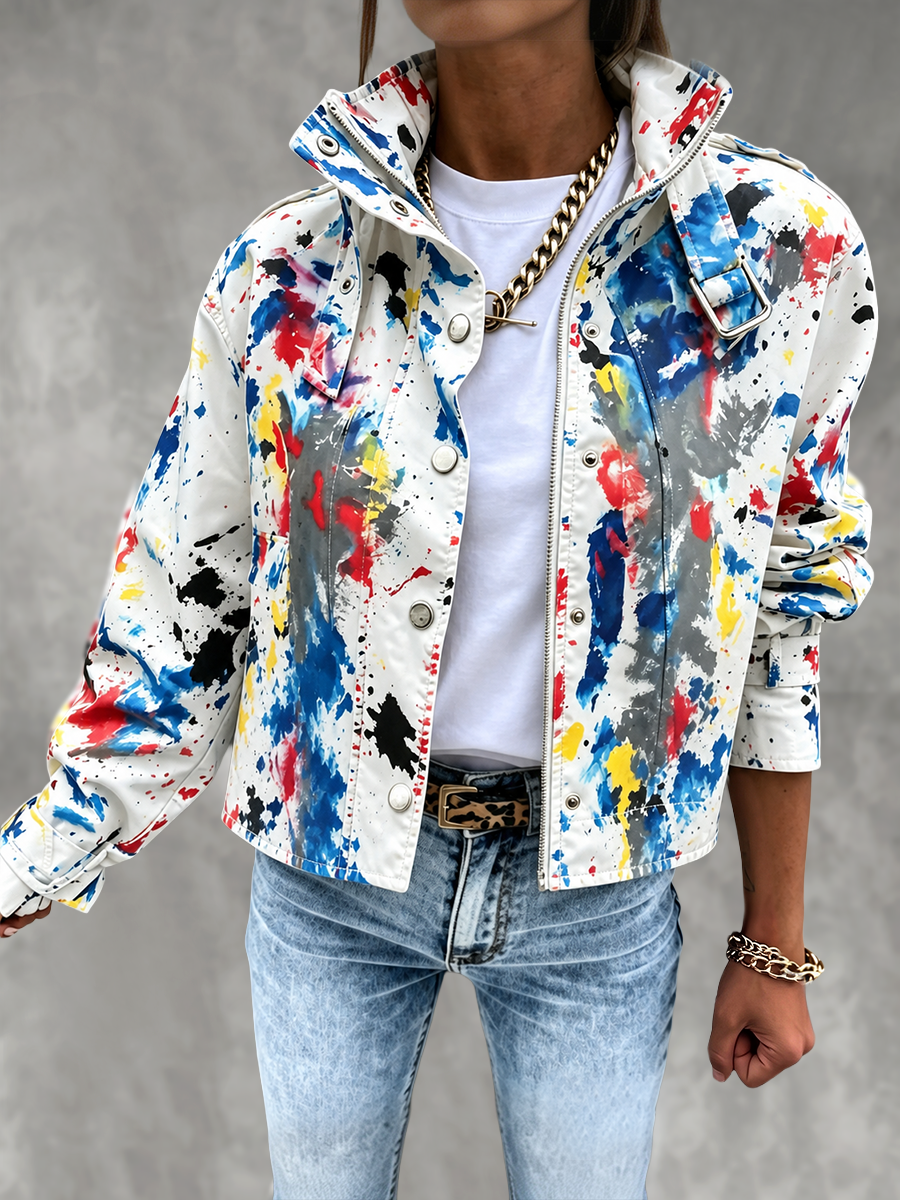 Zipper Split-Joint Printed Contrast Color Buttoned Loose Long Sleeves Stand Collar Outerwear Jackets