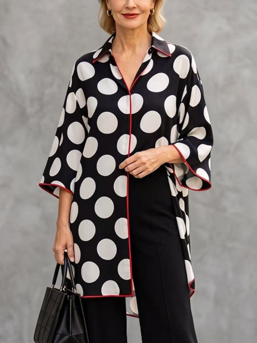 Split-front Split-Joint Polka Dot Contrast Color Three-quarter Sleeves Loose V-neck Blouses&shirts Tops