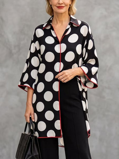 Split-front Split-Joint Polka Dot Contrast Color Three-quarter Sleeves Loose V-neck Blouses&shirts Tops