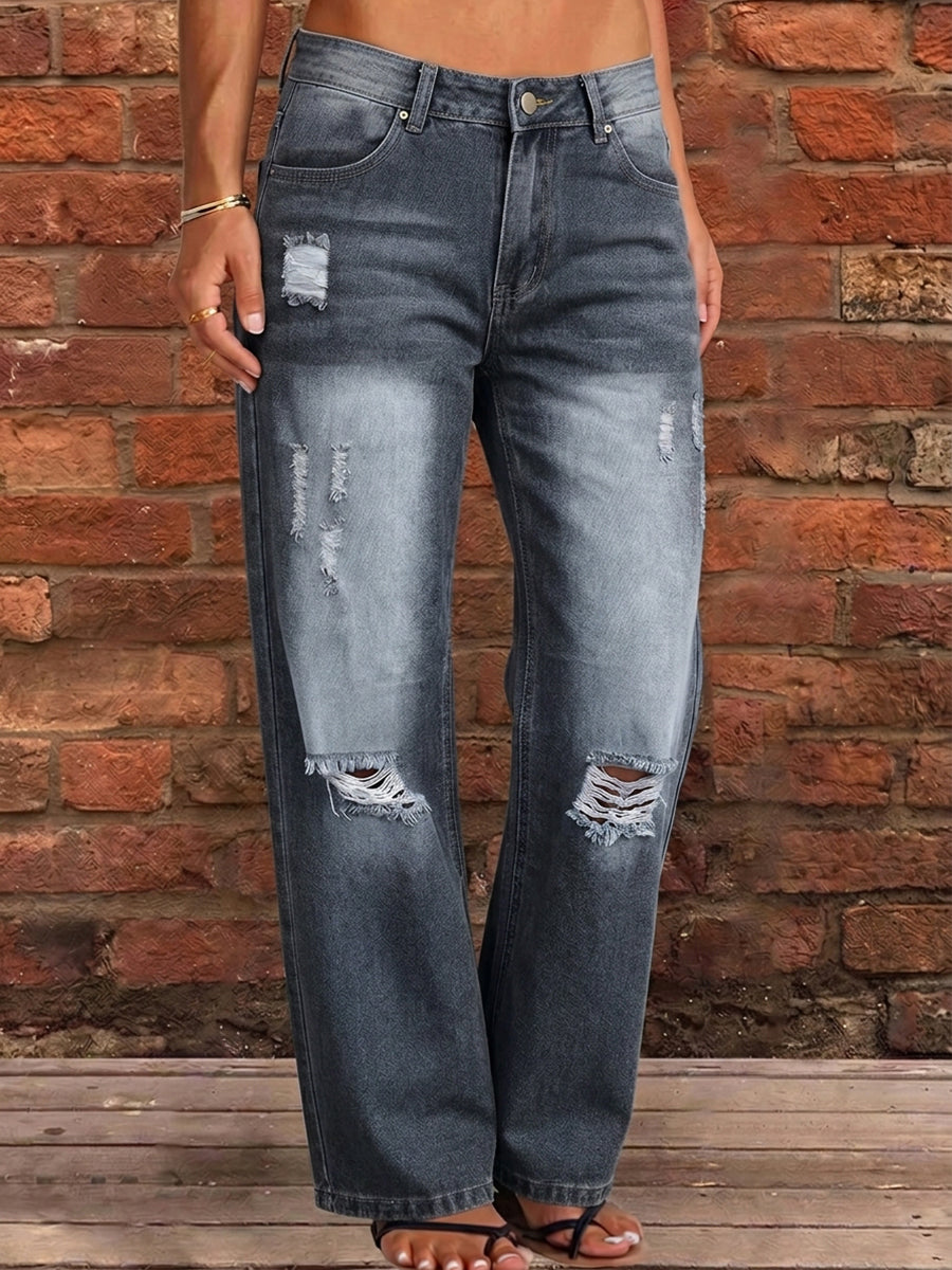 High Waisted Wide Leg Buttoned Hollow Pockets Split-Joint Jean Pants Bottoms