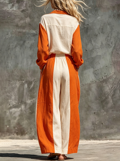 Long Sleeves Puff Sleeves Buttoned Contrast Color Lapel Blouses&Shirts Tops