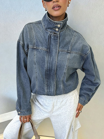 Zipper Elasticity Buttoned Loose Long Sleeves Stand Collar Outerwear Jackets