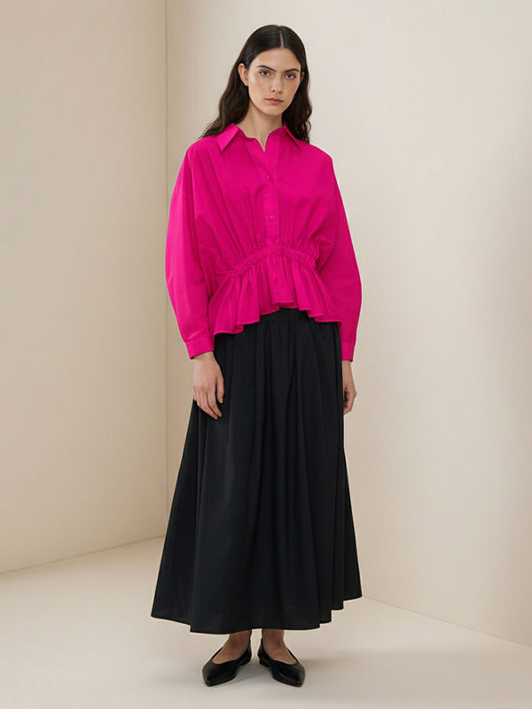 Elasticated Waist Irregularity Buttoned Pleated Ruffled Solid Color Lapel Blouses&Shirts Tops