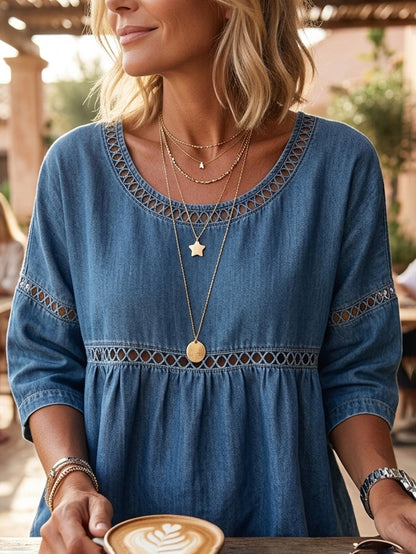 Loose Three-Quarter Sleeves Hollow Solid Color Round-Neck Blouses&Shirts Tops