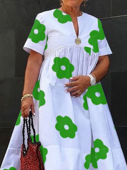 A-Line Loose Flower Print Pleated Split-Joint Round-Neck Midi Dresses