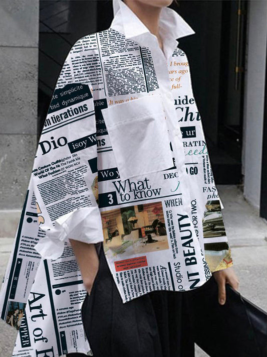 Blusen mit langen Ärmeln, Buchstabendruck, Taschen und seitlich geschlitztem Revers 