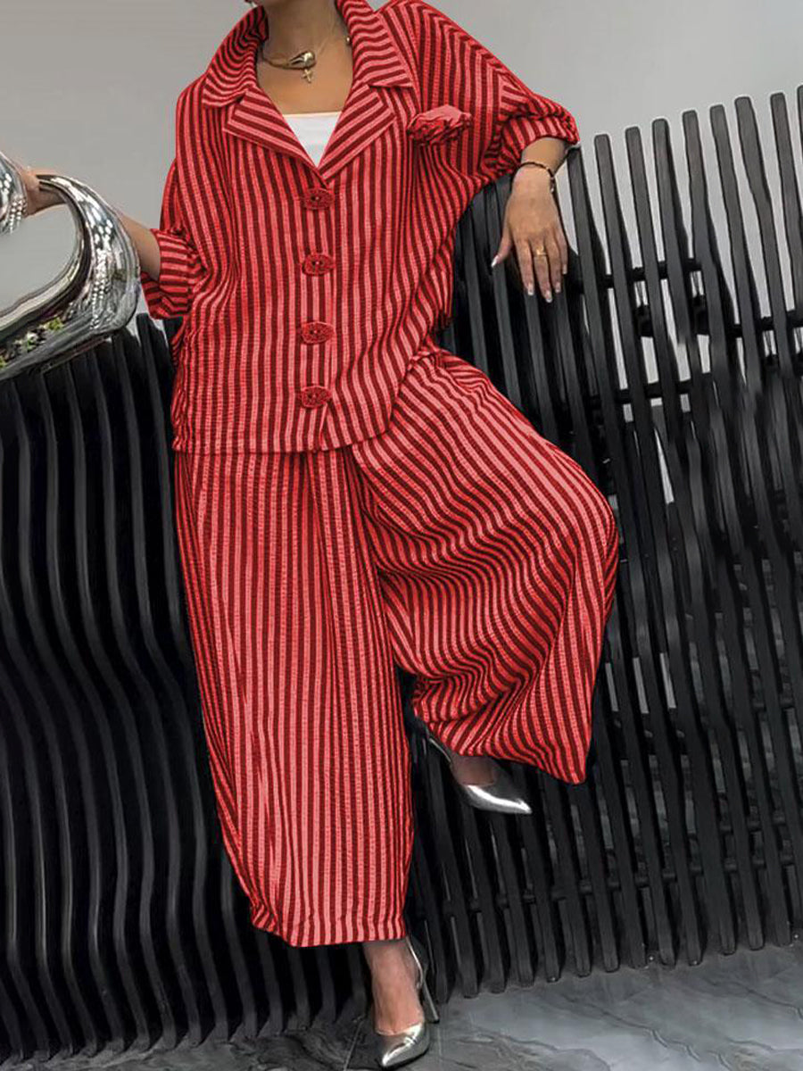 Long Sleeves Loose Buttoned Contrast Color Striped Notched Collar Two Pieces Set