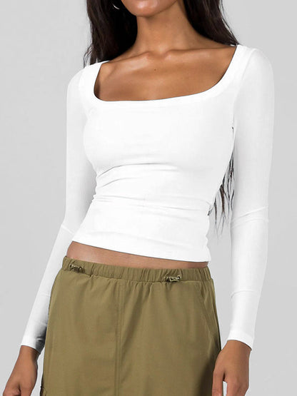 T-shirts à manches longues, slim, couleur unie, col en U 