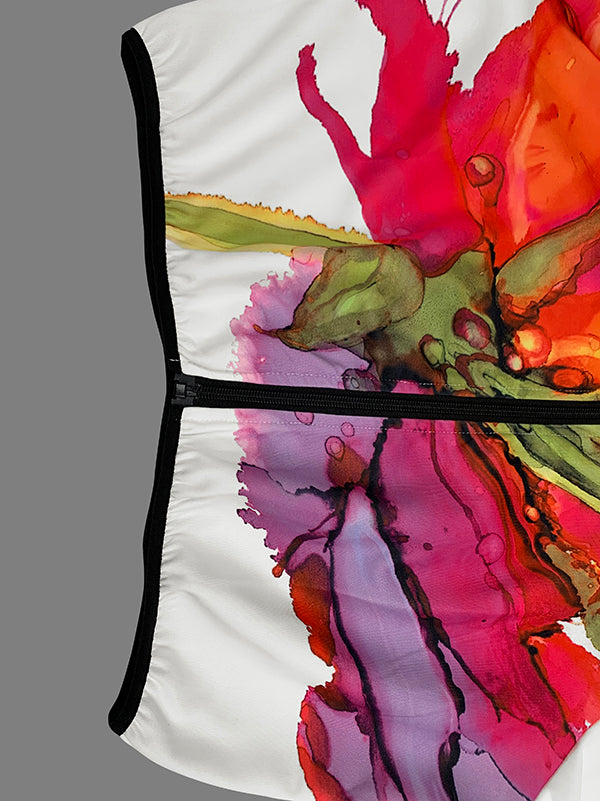 Loose Puff Sleeves Asymmetric Floral Printed Split-Joint High Neck Outerwear