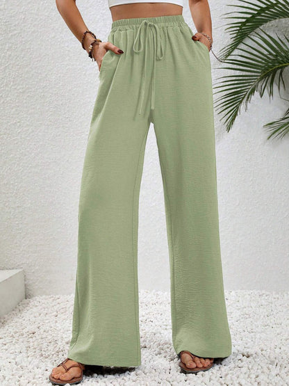 High Waisted Loose Elasticity Pleated Solid Color Tied Waist Pants Trousers