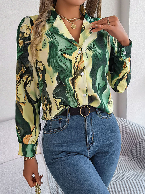 Long Sleeves Loose Buttoned Printed Notched Collar Blouses&Shirts Tops GREEN