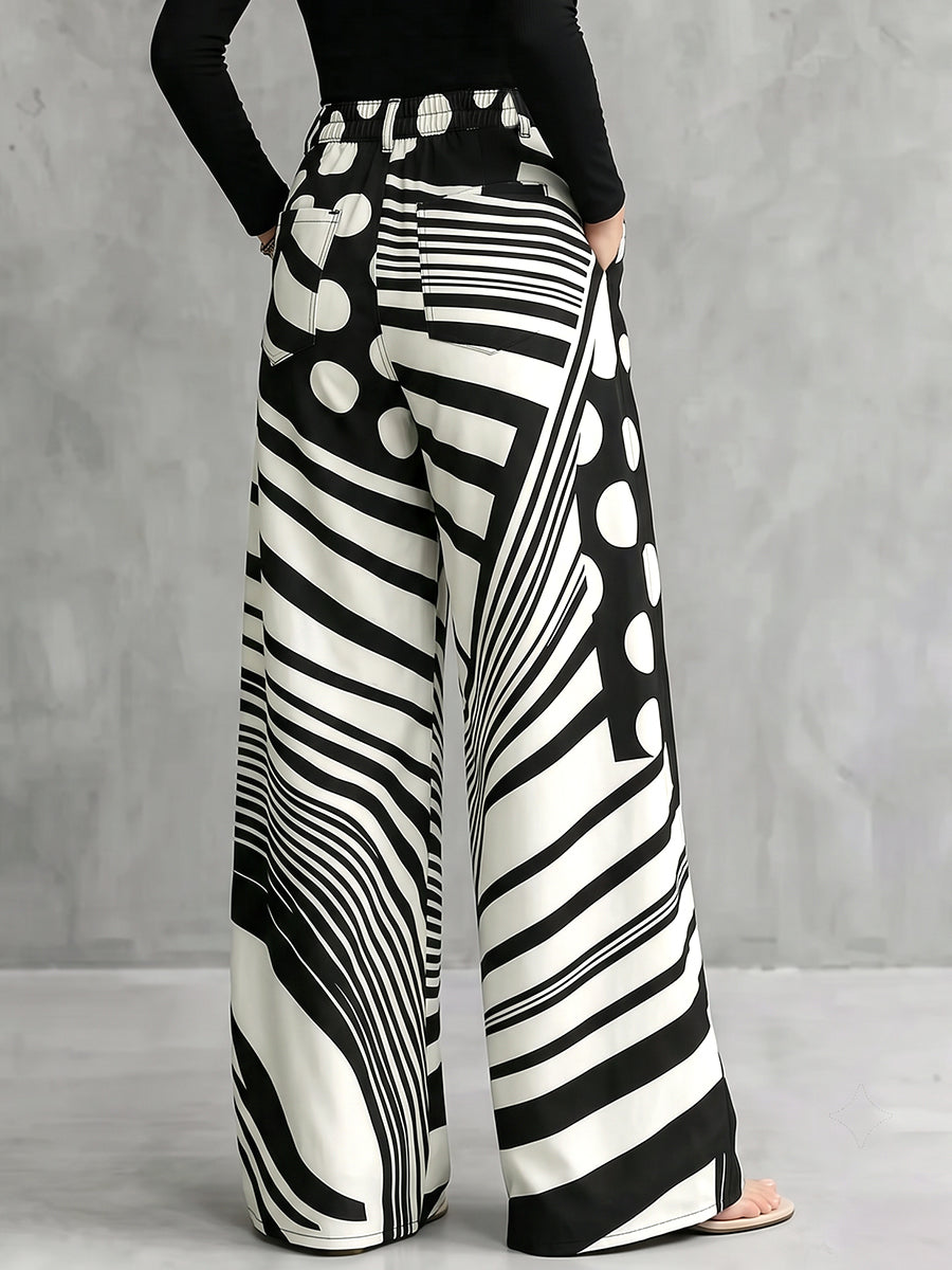 Zipper Striped Polka-Dot Pockets Contrast Color Buttoned Wide Leg Loose Trousers Pants