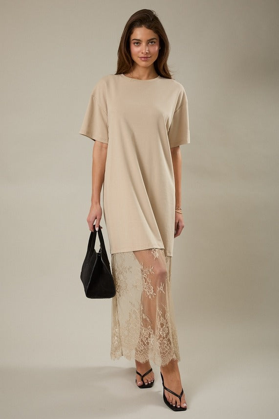 Round Neck Lace Joined T-Shirt Maxi Dress