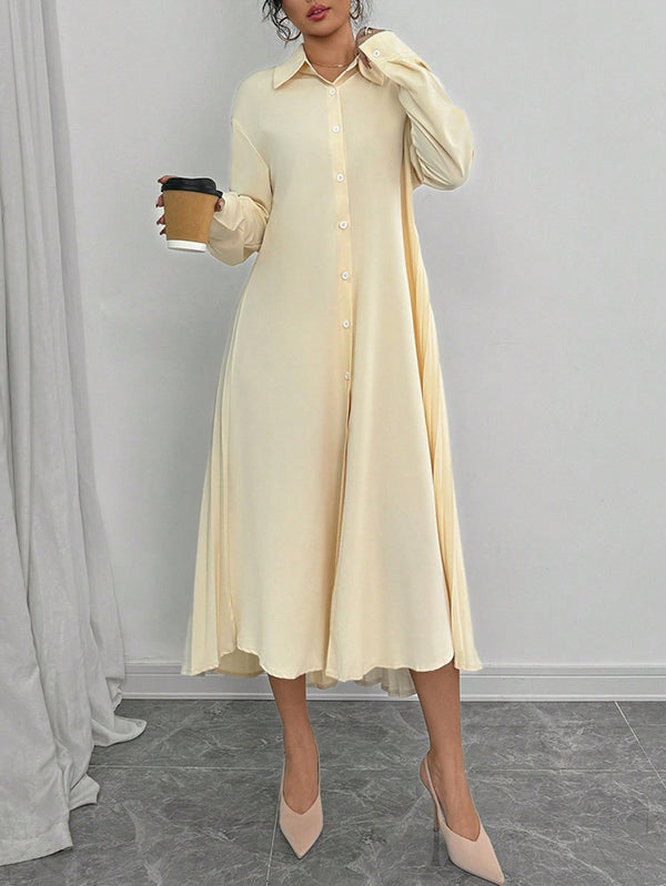 High-Low Long Sleeves Buttoned Pleated Solid Color Lapel Midi Dresses Shirt Dress