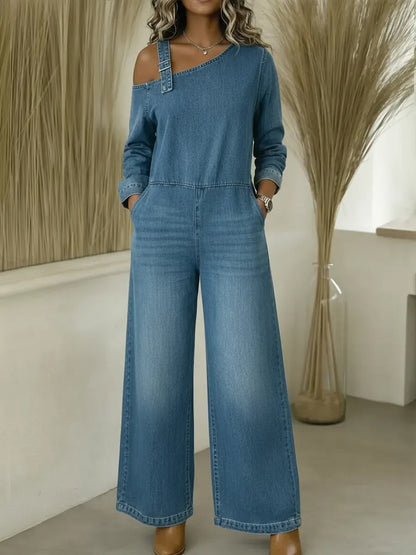 Long Sleeves Wide Leg Asymmetric Buckle Pockets Split-Joint Zipper One-Shoulder Jumpsuits
