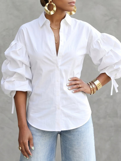 Loose Puff Sleeves Buttoned Solid Color Tied Lapel Blouses&Shirts Tops