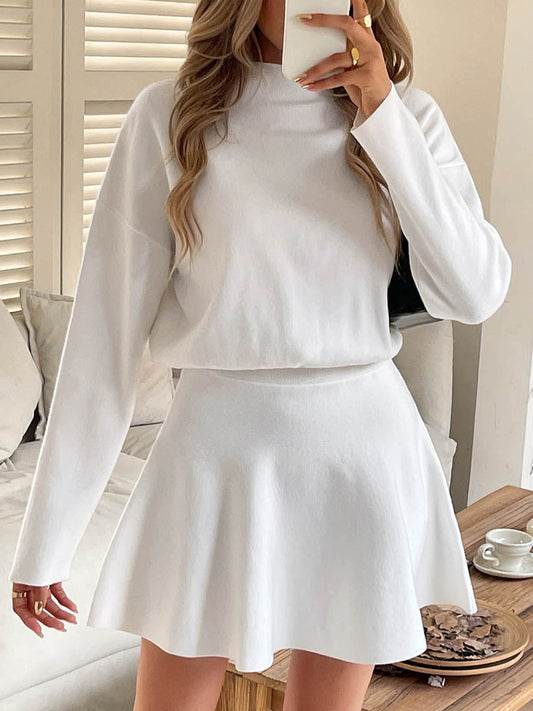A-line High Waisted Elasticity Solid Color Round-neck Mini Dresses Sweater Dresses