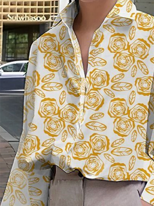 Long Sleeves Loose Buttoned Flower Print Lapel Blouses&Shirts Tops