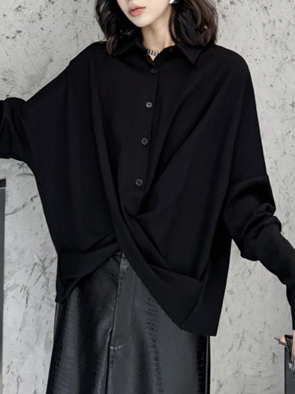 Hipster Irregularity Buttoned Solid Color Twist Lapel Collar Blouses&Shirts Tops