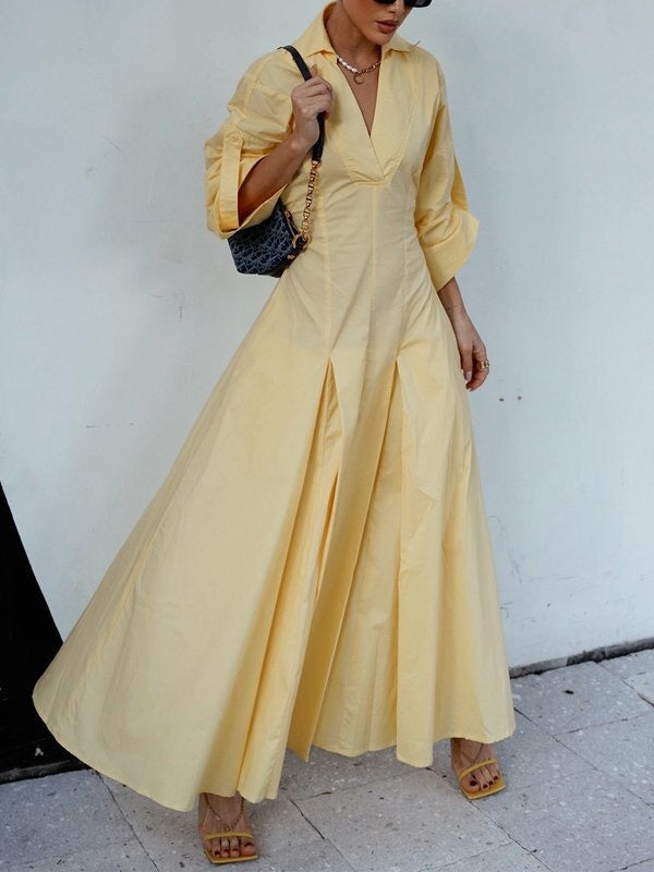 Robe chemise longue trapèze taille haute plissée couleur unie col en V 