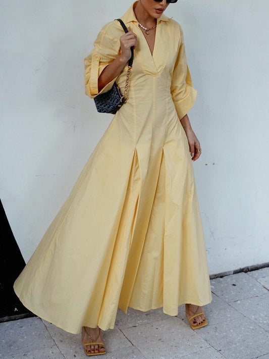 Robe chemise longue trapèze taille haute plissée couleur unie col en V 