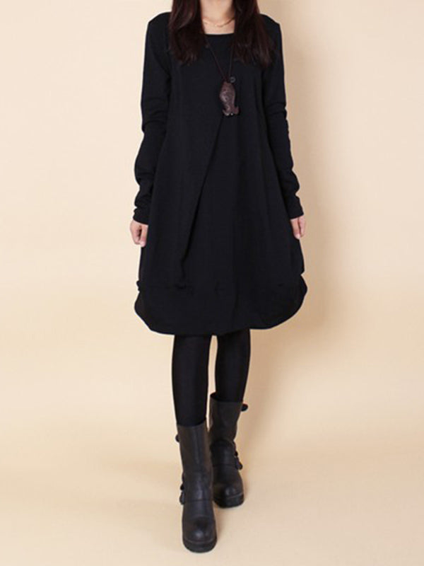 A-line Long Sleeves Pleated Solid Color Round-neck Dresses Maxi Dresses BLACK