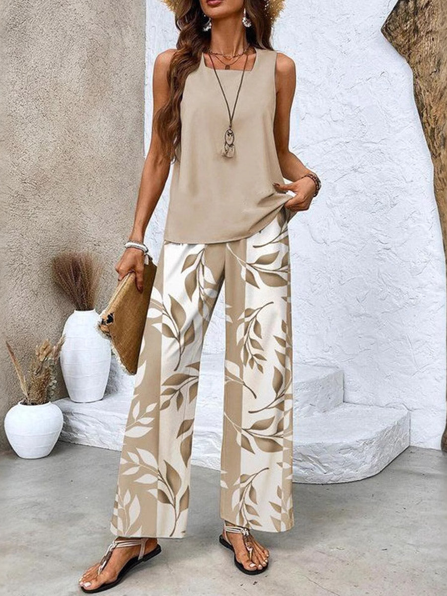 Loose Solid Color Square-Neck Tank Top + Contrast Color Leaves Print Pockets High Waisted Trousers Pants Two Pieces Set