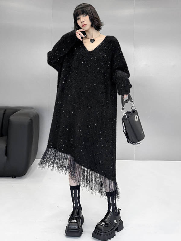 Irregularity Long Sleeves Contrast Color Sequined Shiny Split-Joint Tasseled V-Neck Midi Dresses Sweater Dresses
