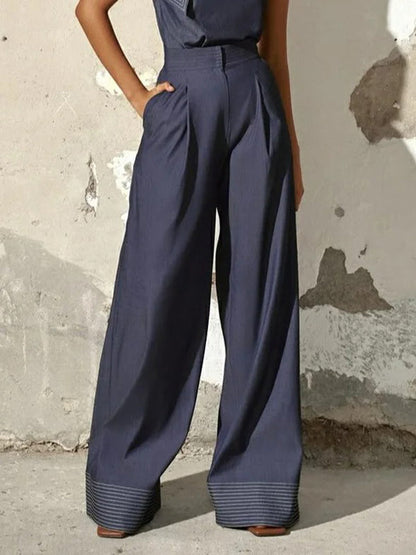 Pantalon en jean taille haute ample plissé à fentes 