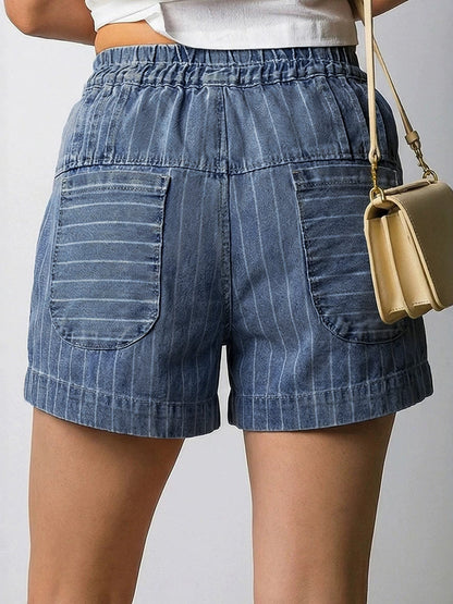 High Waisted Loose Buttoned Drawstring Elasticity Pockets Striped Shorts Bottoms