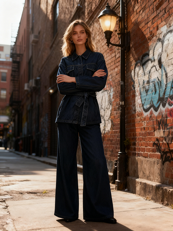 Long Sleeves Loose Belted Buttoned Pockets Solid Color Lapel Blouses&Shirts Tops