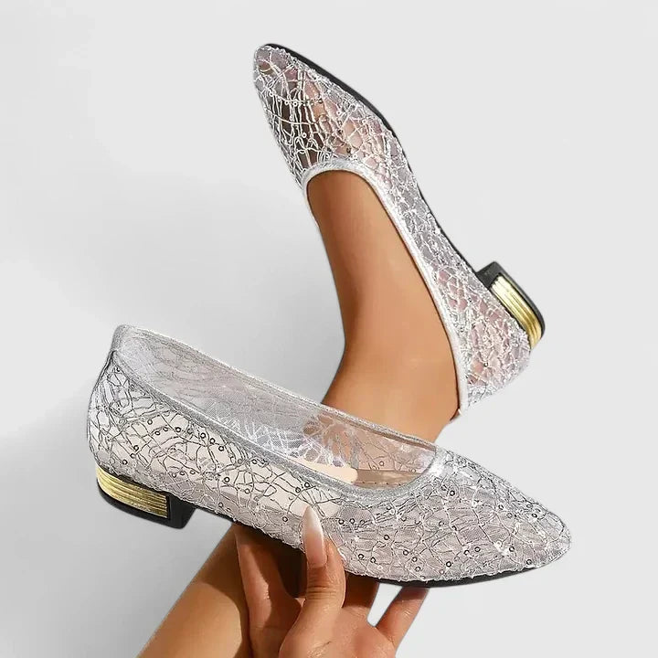 Stella | Women's Lace Pointed Toe Flats with Low Block Heel