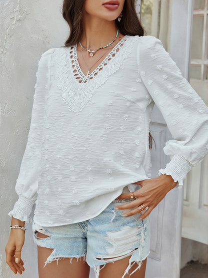 Long Sleeves Loose Elasticity Hollow Jacquard Solid Color V-Neck Blouses&Shirts Tops