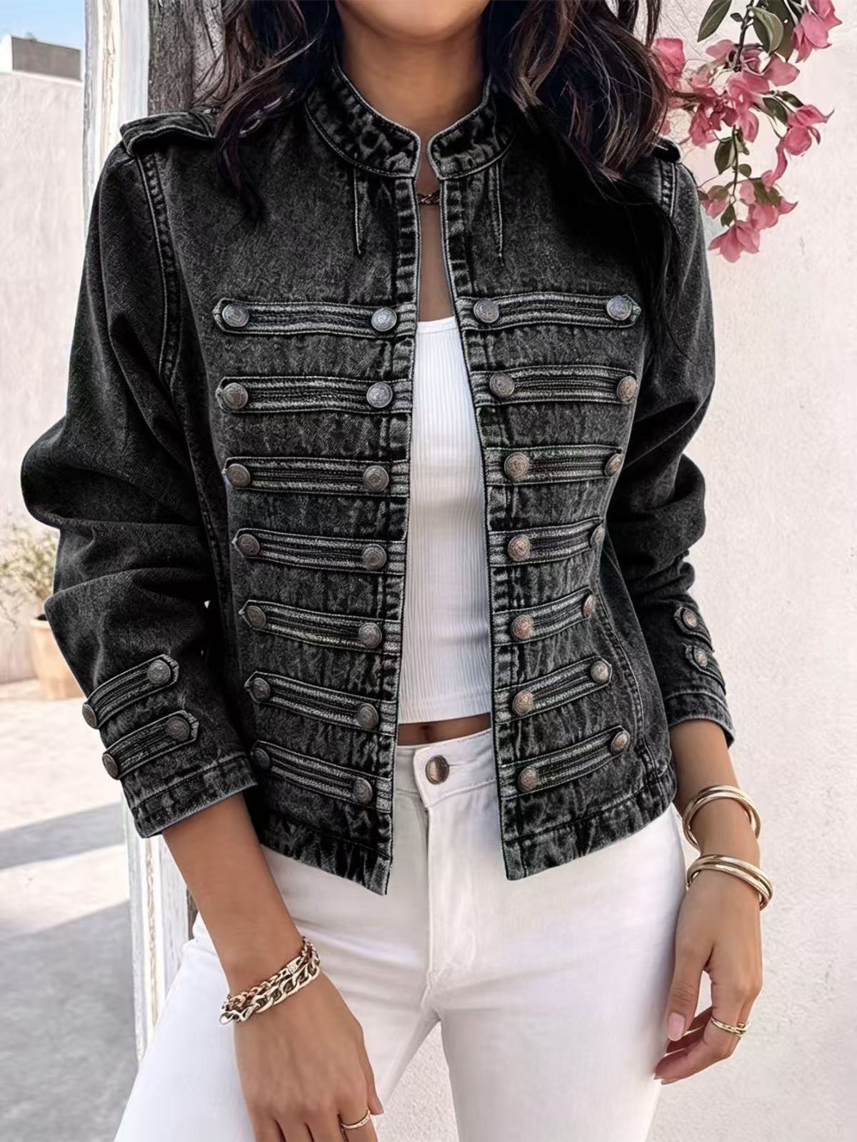 Split-Joint Solid Color Buttoned Long Sleeves Cropped Mock Neck Outerwear Jackets