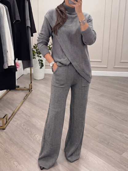 Solid Color Ribbed Knit Stand Collar Long Sleeves Asymmetric Sweater Tops + Wide Leg Trousers Pants Two Pieces Set