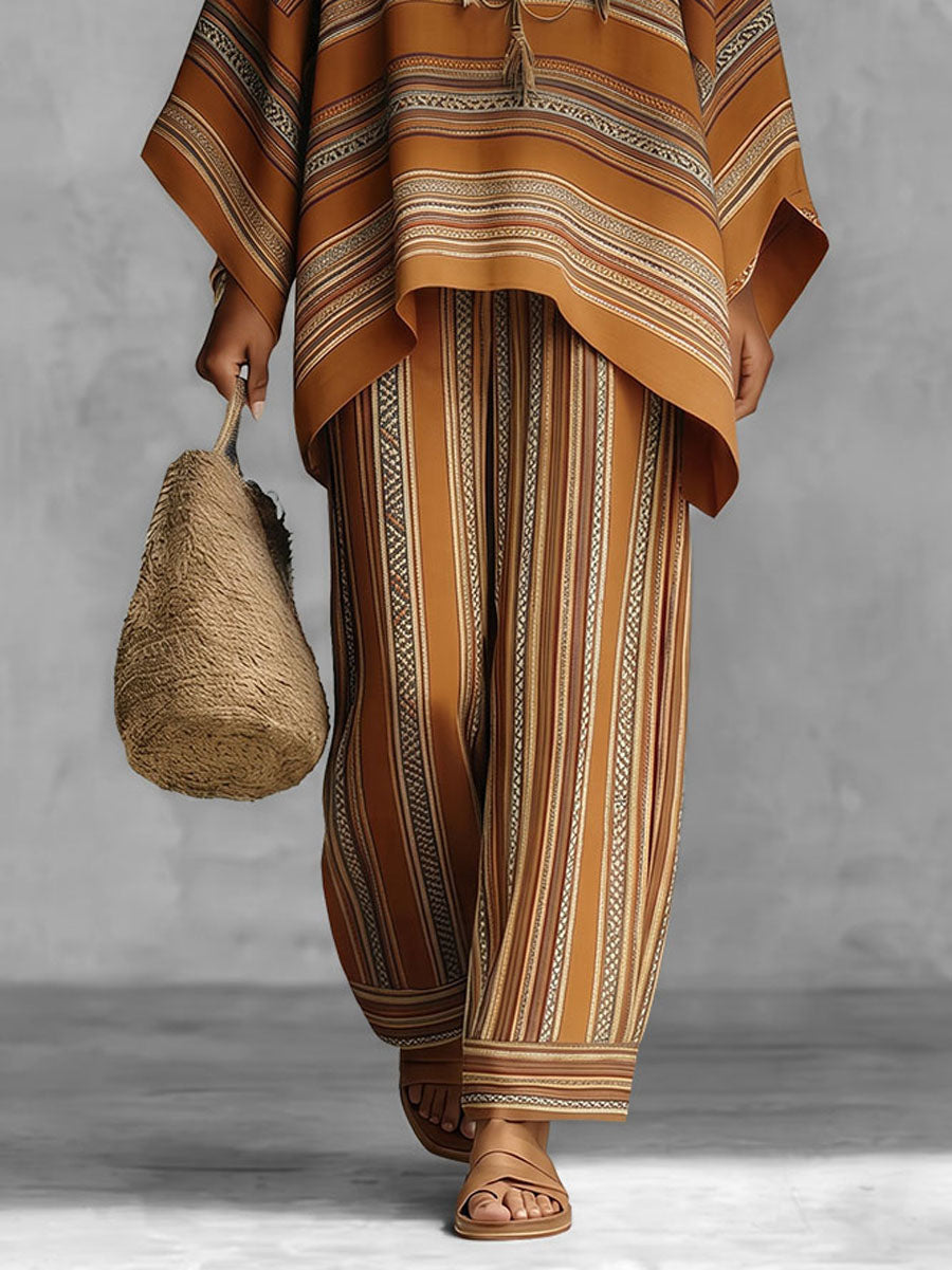 Loose Wide Leg Contrast Color Pockets Printed Pants Trousers