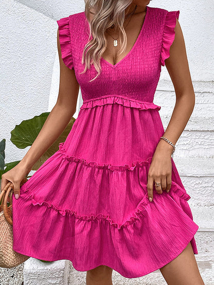Loose Sleeveless Ruffle Trim Solid Color Split-Joint Deep V-Neck Mini Dresses